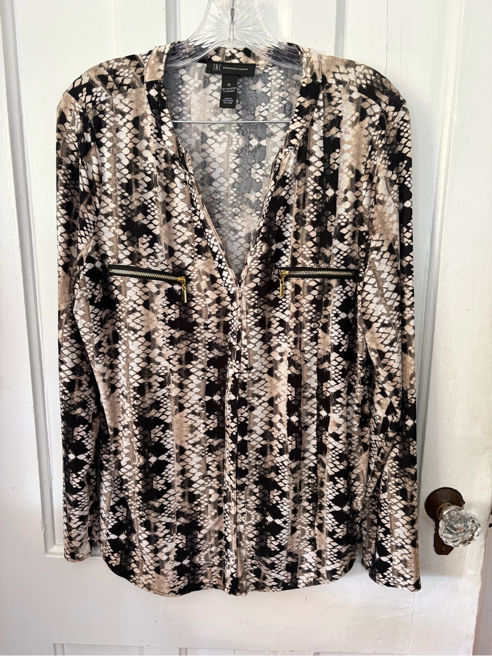 INC International Concepts Women's Snake-Print Zip Pocket Blouse - Black & Beige